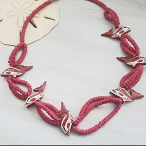 Vintage 🐋 wooden nautical pink red necklace whales statement beaded 1980